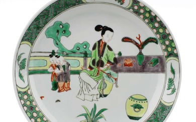 A famille verte plate, woman and two children