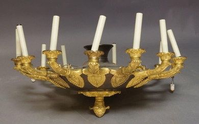 WITHDRAWN A gilt-bronze Restauration style ten-light chandelier, 20th century, the circlet with pierced foliate and anthemion mounts, 120cm high approx