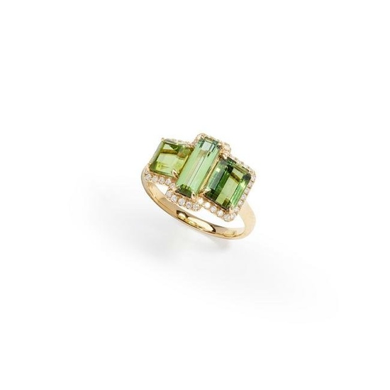 A green tourmaline and diamond three-stone ring