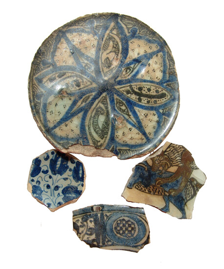 A group of 4 vibrantly colored ceramic fragments