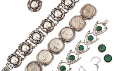 A group of Danish jewellery, comprising: a silver bracelet composed of circular foliate panels with chain-link connections and matching brooch, both signed N.E. From, Danmark, London import marks; a silver collet-set chalcedony single stone panel...