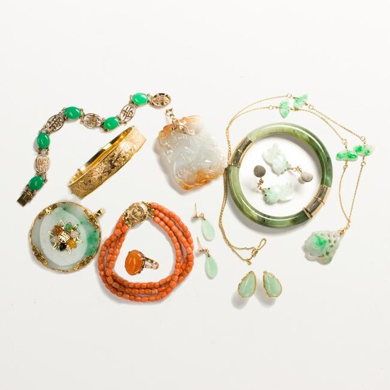 A group of jade or coral and gold jewelry