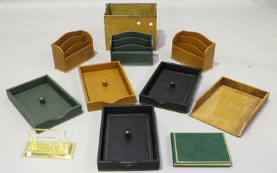 A group of modern Harrods leather desk accessories, including four paper trays and three letter rack
