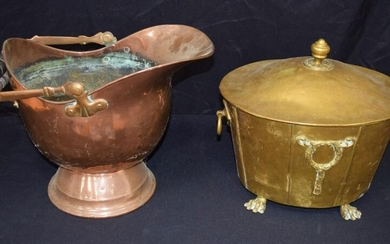 A large antique copper fire scuttle together with a