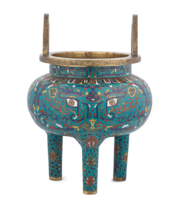 A large cloisonné enamel archaistic tripod incense burner, Ding
