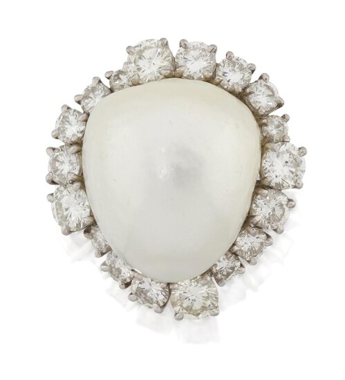 A large cultured pearl and diamond brooch, the single baroque shaped cultured pearl with brilliant-cut diamond ballerina surround, approximate dimensions of cultured pearl 18 x 16 x 14.5mm, to wire-work gallery, approx. length 2.5cm