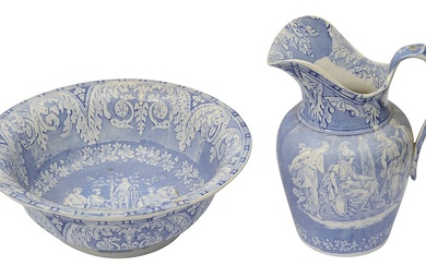 A mid 19th century Staffordshire blue and white transfer wash jug and basin
