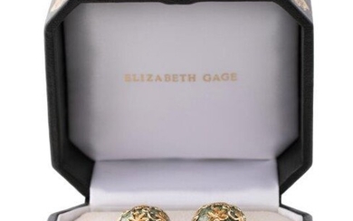 A pair of 18ct gold and enamel earrings, by Elizabeth Gage, of green enamel decorated with vine leaf motifs, signed Gage, British hallmarks for 18-carat gold, London, clip fittings, length 2.3cm, with case by Elizabeth Gage