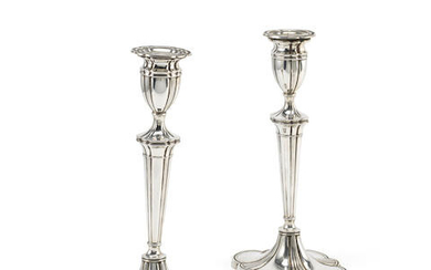 A pair of Adams style silver candlesticks Britton Gould & Co, Birmingham 1934