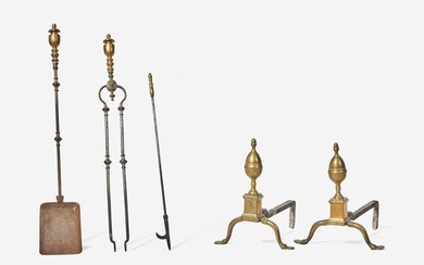 A pair of Federal brass andirons together with three fireplace implements, Philadelphia, PA, circa