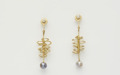 A pair of German 18k gold and pearl pendant earrings.