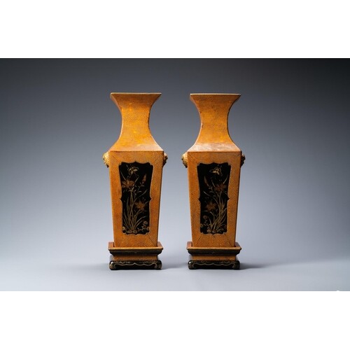 A pair of Japanese square lacquerware and rayskin vases on s...