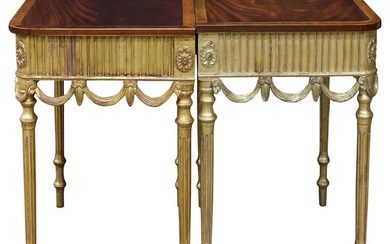 A pair of Regency style mahogany and gilt wood side tables