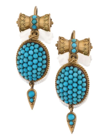 A pair of Victorian Archaeological Revival gold and turquoise earrings, designed as domed oval panels set with pave turquoise cabochons suspended from wirework-decorated cylindrical panels, both with a tear-shaped drop dependent, hook fittings, c...