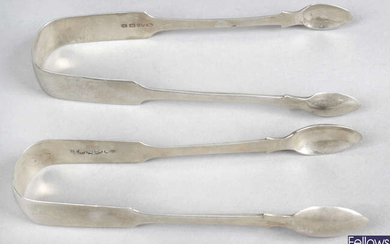 A pair of William IV Exeter silver sugar tongs, together with a Victorian Newcastle silver pair and a plated pair (3).