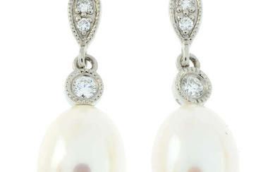 A pair of brilliant-cut diamond and cultured pearl drop earrings.
