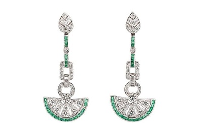 A pair of emerald and diamond ear pendants