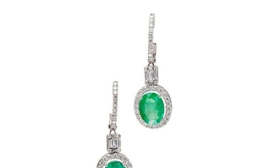 A pair of emerald and diamond set pendant earrings