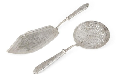 A pair of fish servers, white metal (unmarked), both chased with patterns to handles, the fish slice with conforming pattern to blade, the flattened spoon with pierced foliate decoration, 25 and 30.5cm long (2) Provenance: Given by David Goodchild...