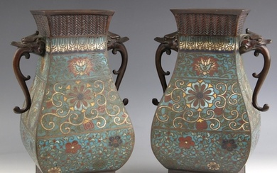 A pair of large Chinese bronze and cloisonne Archaic type va...