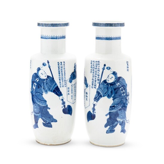 A pair of large blue and white 'wu shuang pu' rouleau vases Qing dynasty, 19th century | 清十九世紀 青花無雙譜人物紋棒槌瓶