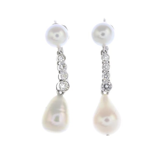 A pair of natural pearl, diamond and cultured pearl