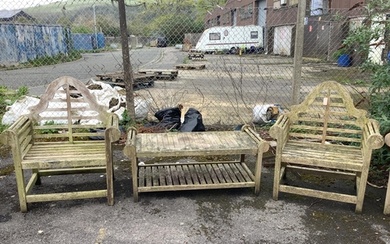 A pair of weathered teak Lutyens style garden armchairs, wid...