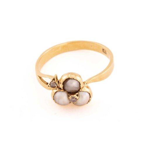 A pearl and diamond three-leaf clover ring, three split pear...