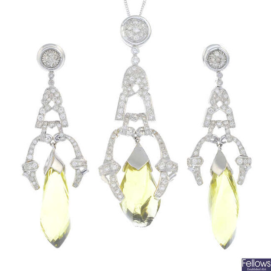 A prasiolite and diamond jewellery set, to include a pair of earrings and a pendant.
