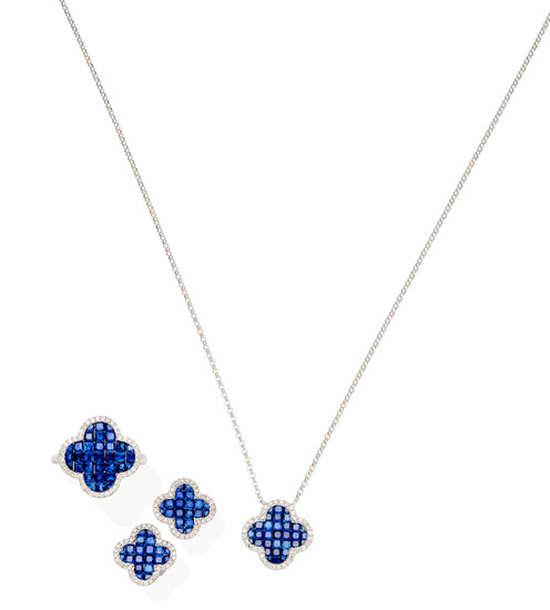 A sapphire and diamond earrings, ring and pendant necklace suite