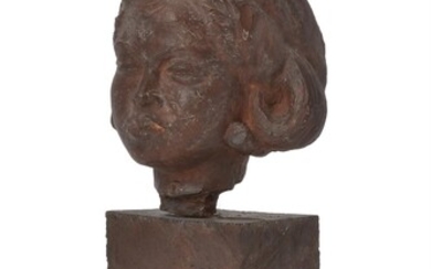 A sculpted and stained clay bust of a maiden
