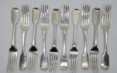 A set of ten Victorian silver fiddle pattern table forks,...