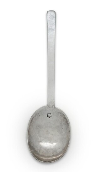 A silver Puritan spoon, London, Jeremy Johnson, probably Commonwealth period, the reverse of terminal scratch engraved with the initials TG, 18.7cm long, approx. weight 2oz Provenance: The estate of the late designer, Anthony Powell