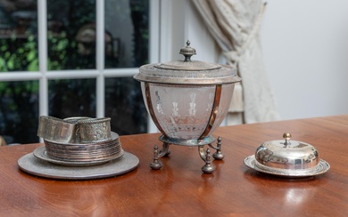 A silver plate and frosted glass biscuit jar, Height 19.5cm x Diameter17.5cm, together with a quantity of silver plated dishes, one placemat, and three napkin holders
