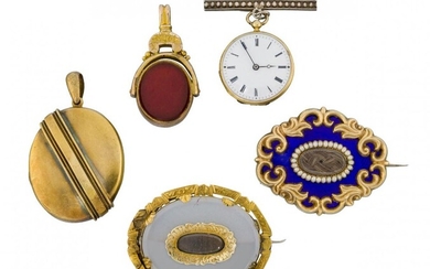 A small group of 19th century jewellery and a fob watch, comprising: a gold oval locket pendant with cross band decoration, opening to reveal two glazed compartments, length including pendant loop, 5.3cm; two mourning brooches, one with central...