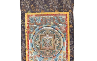 A thangka with mandala. Framed in brocade. 20th century. Visible image 82×59 cm.