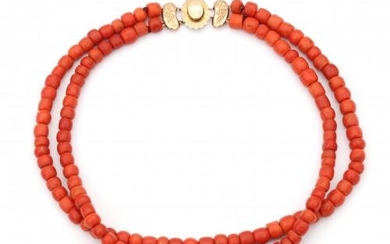 A two strand precious coral necklace on a 14 karat gold clasp. Master's mark of S. Mopman, Schoonhoven, 's -Gravenhage 1936-1956, The Netherlands. Gross weight: 98 g.
