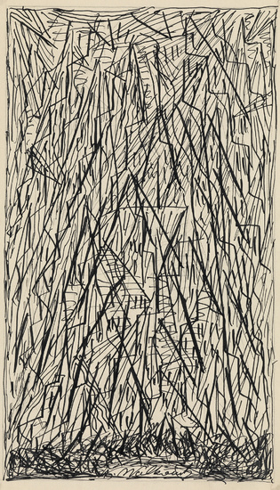 ABRAHAM WALKOWITZ Abstract Cityscape. Brush and ink and pencil on paper, circa 1910-15....