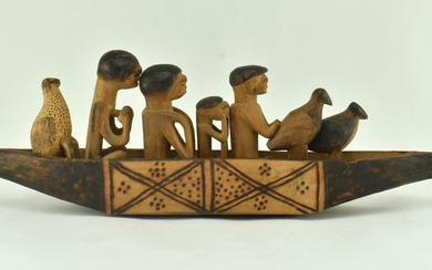 AFRICAN TRIBAL CARVED WOODEN SHIP WITH PEG SAILORS
