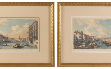 AFTER ANTONIO VISENTINI, 18th Century, Two Venetian views:, Hand-colored engravings, 10.75" x 16.5" to the plateline. Framed 22" x 2...