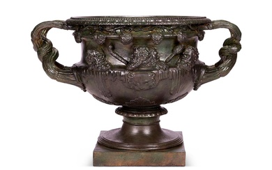 AFTER THE ANTIQUE, AN IMPRESSIVE PATINATED CAST IRON WARWICK VASE, MID 19TH CENTURY