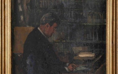 AMERICAN SCHOOL (20th Century,), A gentleman in his study., Oil on canvas, 23.5" x 17". Framed 28" x