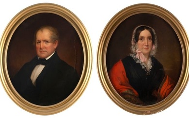 AMERICAN SCHOOL (Early 19th Century,), Pair of portraits: a gentleman and a lady wearing a red
