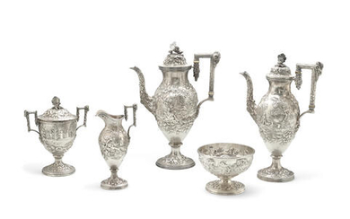 AN AMERICAN STERLING SILVER REPOUSSÉ FIVE-PIECE TEA AND COFFEE SERVICE
