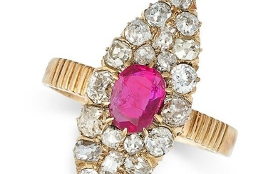 AN ANTIQUE RUBY AND DIAMOND NAVETTE RING in 18ct yellow gold, set with an oval cut ruby of