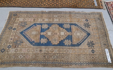 AN ANTIQUE TRIBAL CAUCASIAN RUG 200 x 129cm, TOGETHER WITH TWO OTHER ORIENTAL RUGS 155 x 95 AND