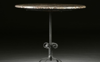 AN ART DECO WROUGHT IRON AND MARBLE TOP BISTRO PEDESTAL