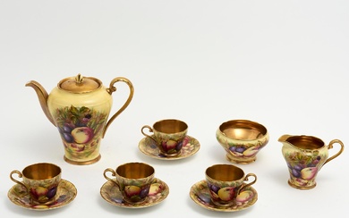 AN AYNSLEY ORCHARD PATTERN HAND PAINTED COFFEE SET FOR FOUR H.17CM (TALLEST), md