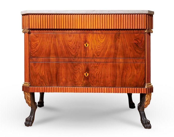 AN ITALIAN PARCEL GILT, FRUITWOOD AND WALNUT COMMODE, ATTRIBUTED TO AGOSTINO FANTASTICI
