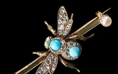 ANTIQUE DIAMOND, TURQUOISE, OPAL AND PEARL INSECT BROOCH